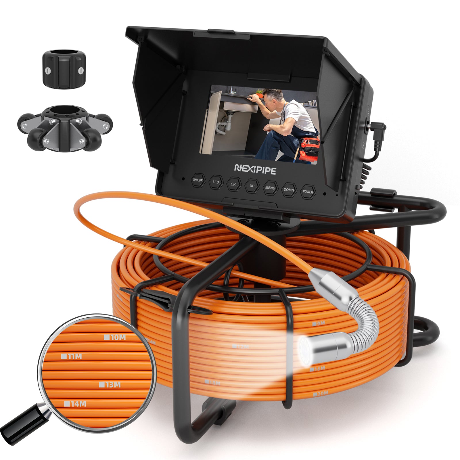 Nexipipe 4.3in Sewer Camera, 66ft/20m Meter Marker Cable, IP68 Waterproof Snake Plumbing Tool with Lights - 12 Adjustable LEDs, 8500mAh Battery