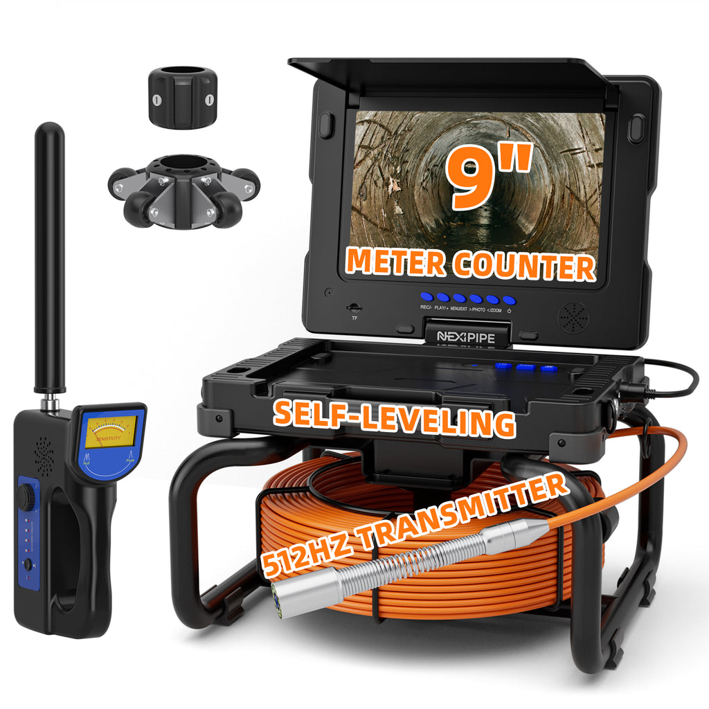 Nexipipe Sewer Camera with 512Hz Locator & Self-Leveling, 165FT/50M, Distance Counter,   23mm/0.9in Camera, 9in 1080P Screen