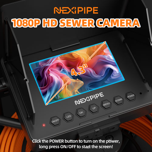 Nexipipe 4.3in Sewer Camera, 66ft/20m Meter Marker Cable, IP68 Waterproof Snake Plumbing Tool with Lights - 12 Adjustable LEDs, 8500mAh Battery