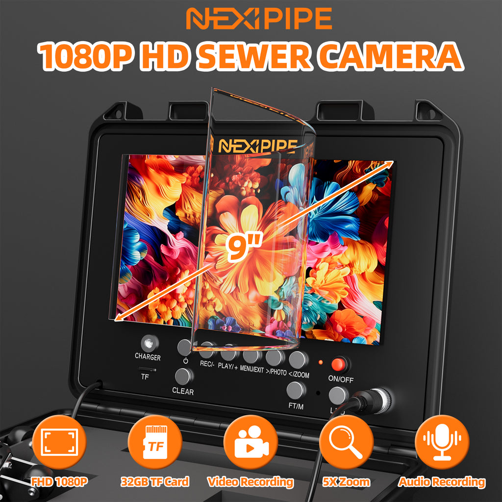 Nexipipe Sewer Camera with  23mm/0.9in 512Hz Self-Leveling Camera,  0.28in/7mm 165FT/50M Thicker Cable with Distance Counter