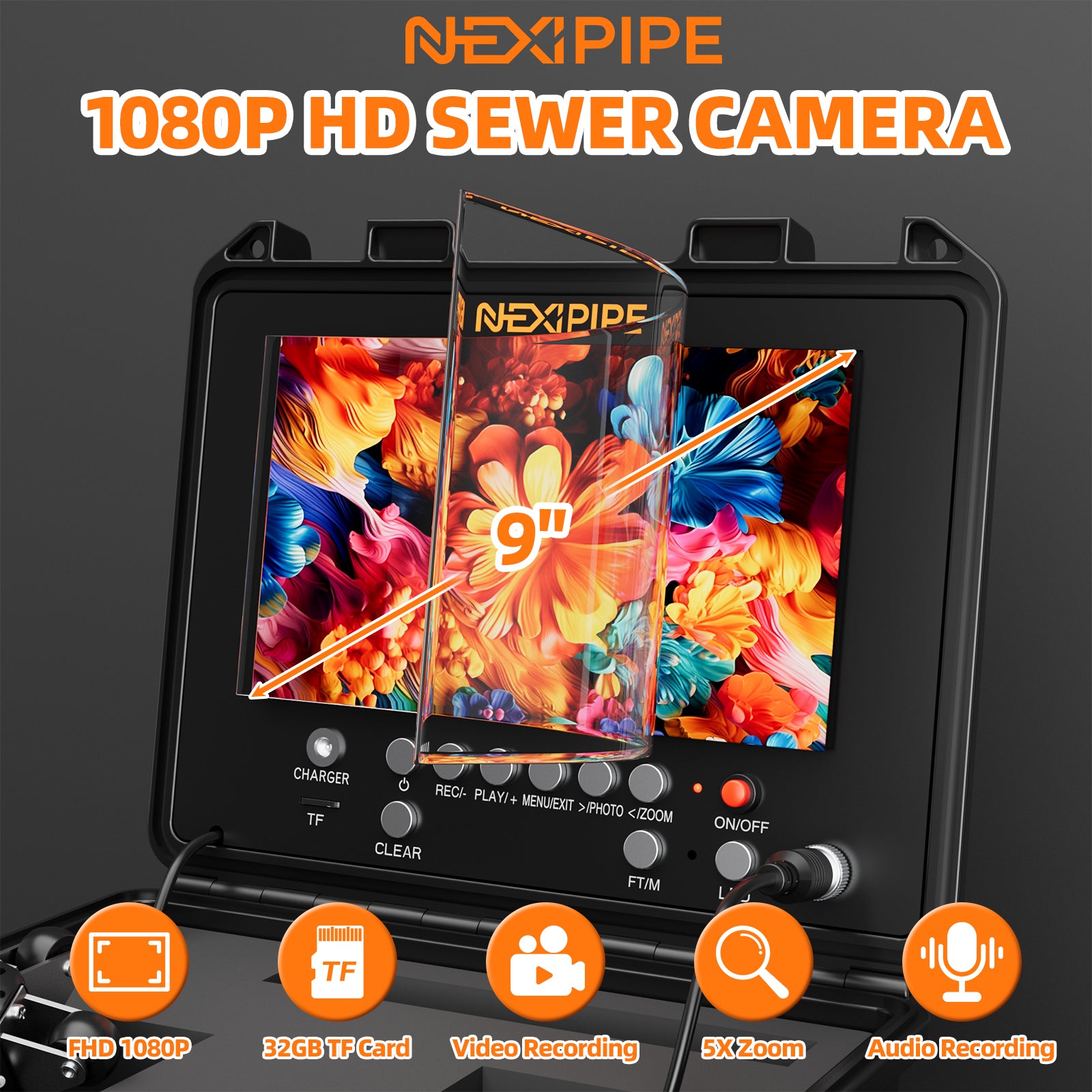 Nexipipe Sewer Camera with  23mm/0.9in 512Hz Self-Leveling Camera,  0.28in/7mm 165FT/50M Thicker Cable with Distance Counter