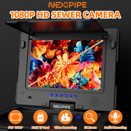 Nexipipe Sewer Camera with 512Hz Locator & Self-Leveling, 165FT/50M, Distance Counter,   23mm/0.9in Camera, 9in 1080P Screen