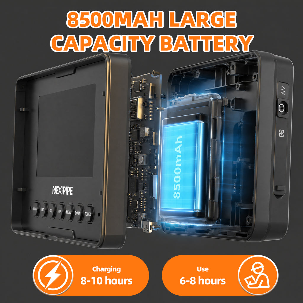 Nexipipe 4.3in Sewer Camera, 66ft/20m Meter Marker Cable, IP68 Waterproof Snake Plumbing Tool with Lights - 12 Adjustable LEDs, 8500mAh Battery