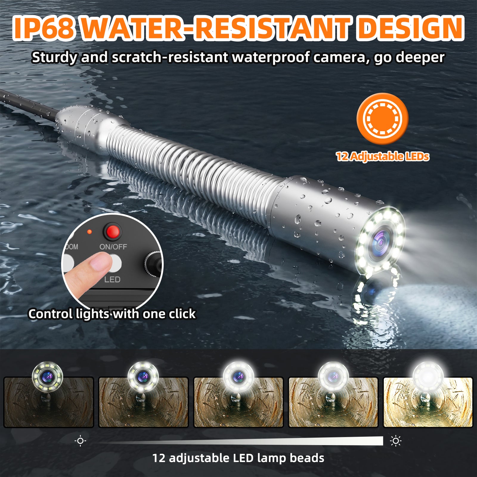 Nexipipe Sewer Camera with  23mm/0.9in 512Hz Self-Leveling Camera,  0.28in/7mm 165FT/50M Thicker Cable with Distance Counter