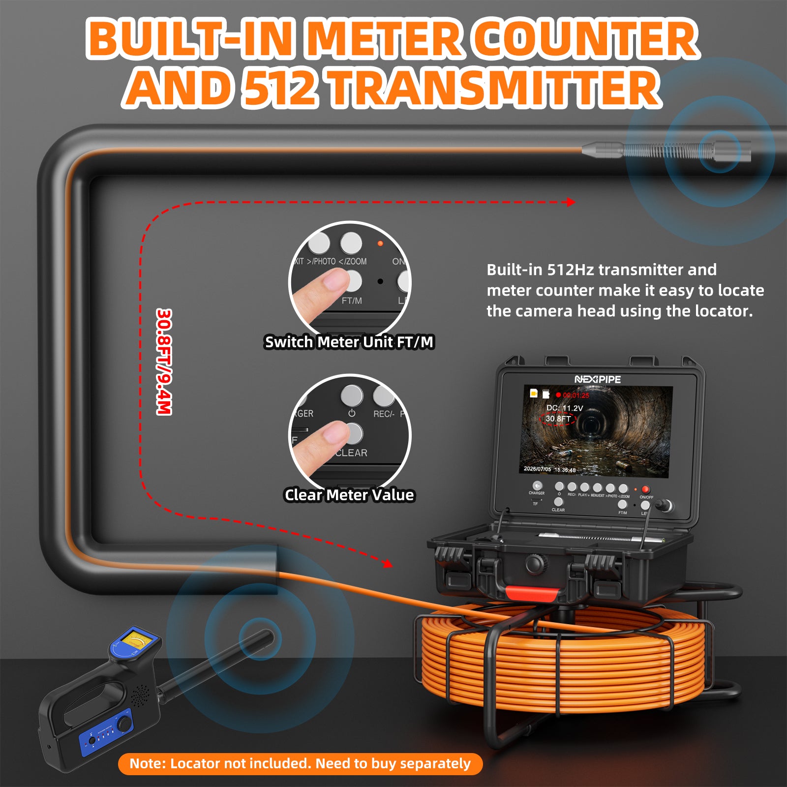Nexipipe Sewer Camera with  23mm/0.9in 512Hz Self-Leveling Camera,  0.28in/7mm 165FT/50M Thicker Cable with Distance Counter