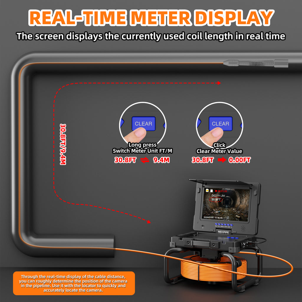 Nexipipe Sewer Camera with 512Hz Locator & Self-Leveling, 165FT/50M, Distance Counter,   23mm/0.9in Camera, 9in 1080P Screen