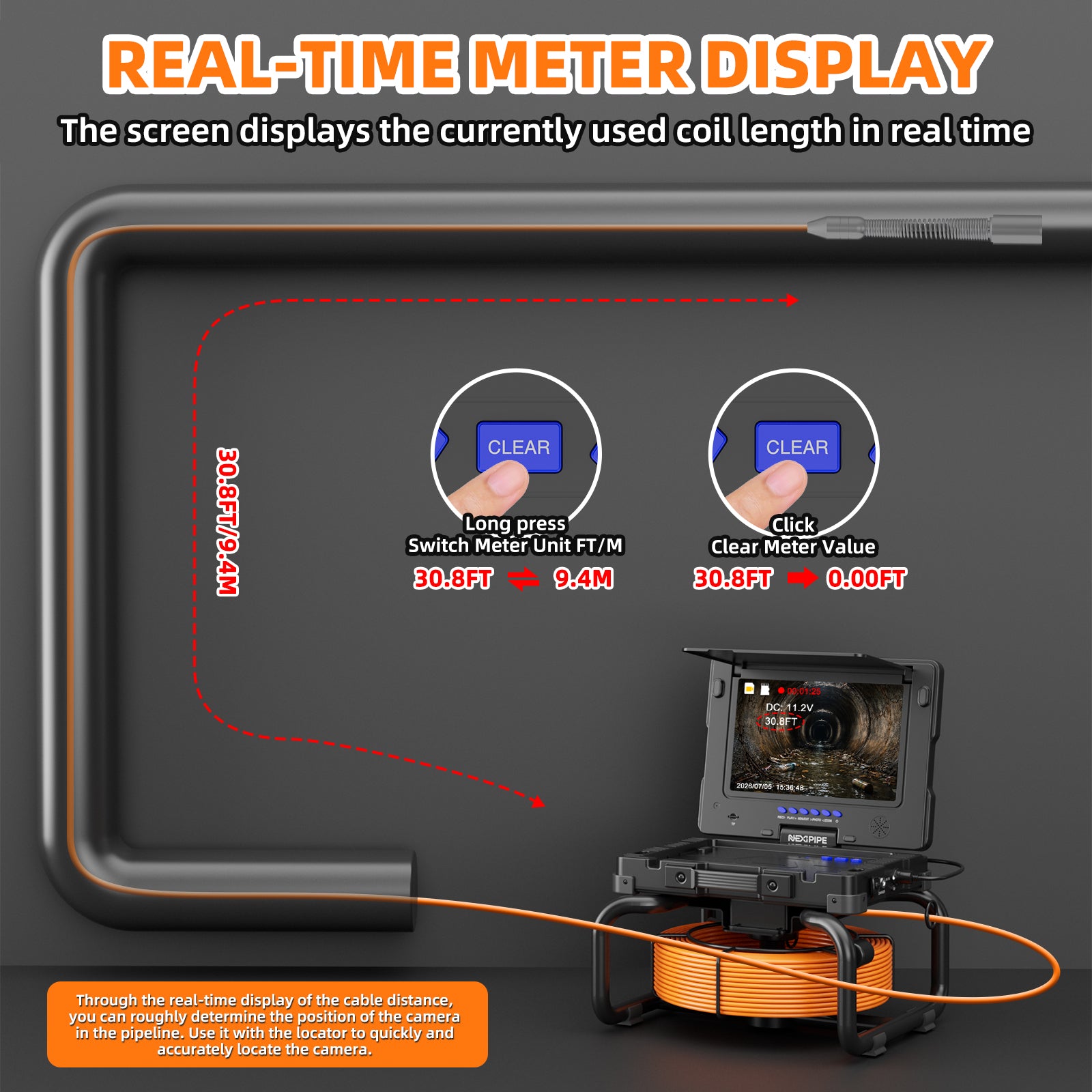 Nexipipe Sewer Camera with 512Hz Locator & Self-Leveling, 165FT/50M, Distance Counter,   23mm/0.9in Camera, 9in 1080P Screen