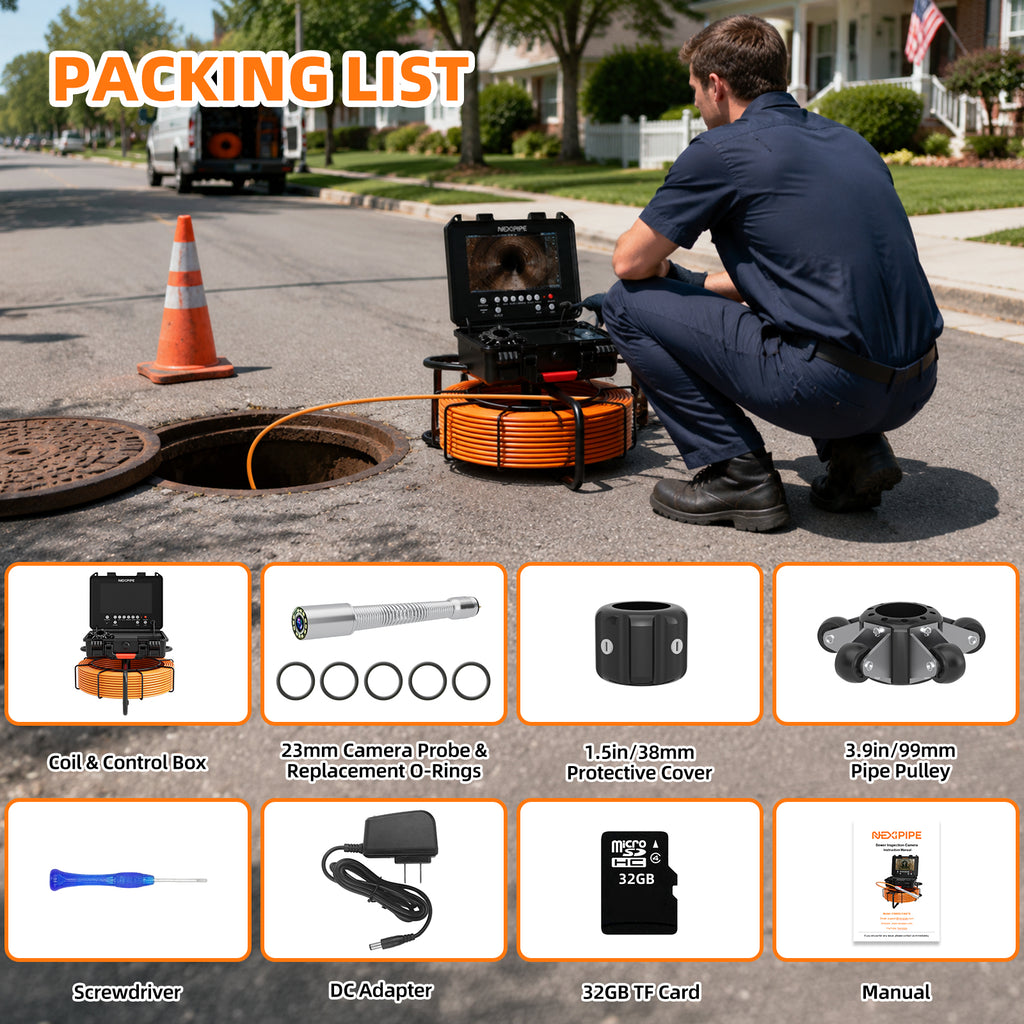 Nexipipe Sewer Camera with  23mm/0.9in 512Hz Self-Leveling Camera,  0.28in/7mm 165FT/50M Thicker Cable with Distance Counter