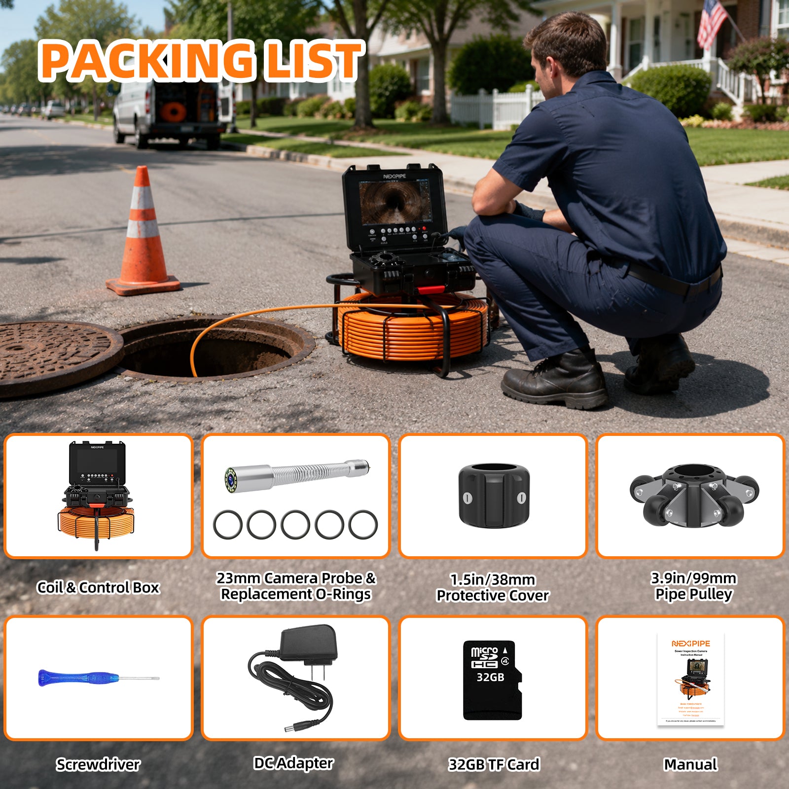 Nexipipe Sewer Camera with  23mm/0.9in 512Hz Self-Leveling Camera,  0.28in/7mm 165FT/50M Thicker Cable with Distance Counter
