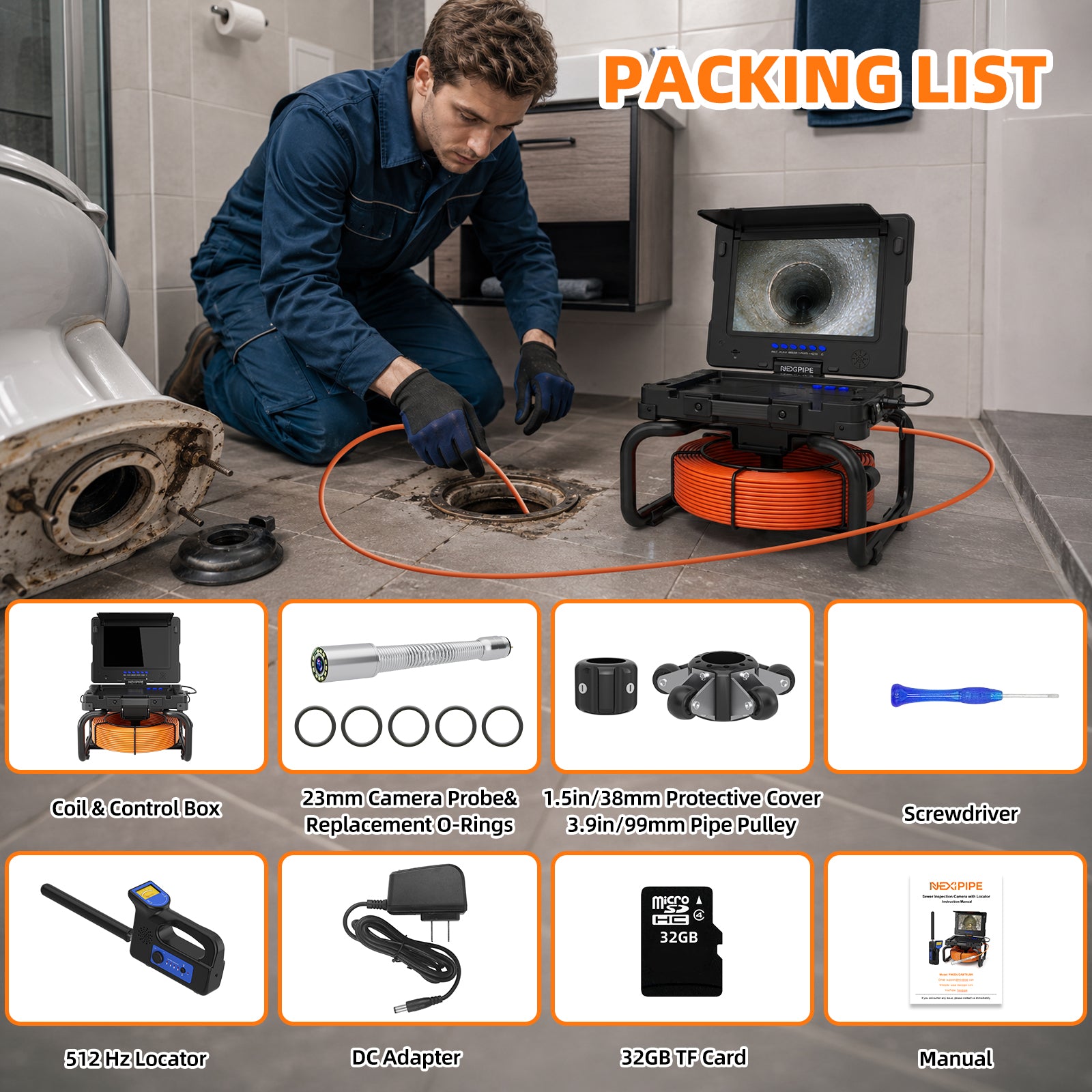 Nexipipe Sewer Camera with 512Hz Locator & Self-Leveling, 165FT/50M, Distance Counter,   23mm/0.9in Camera, 9in 1080P Screen